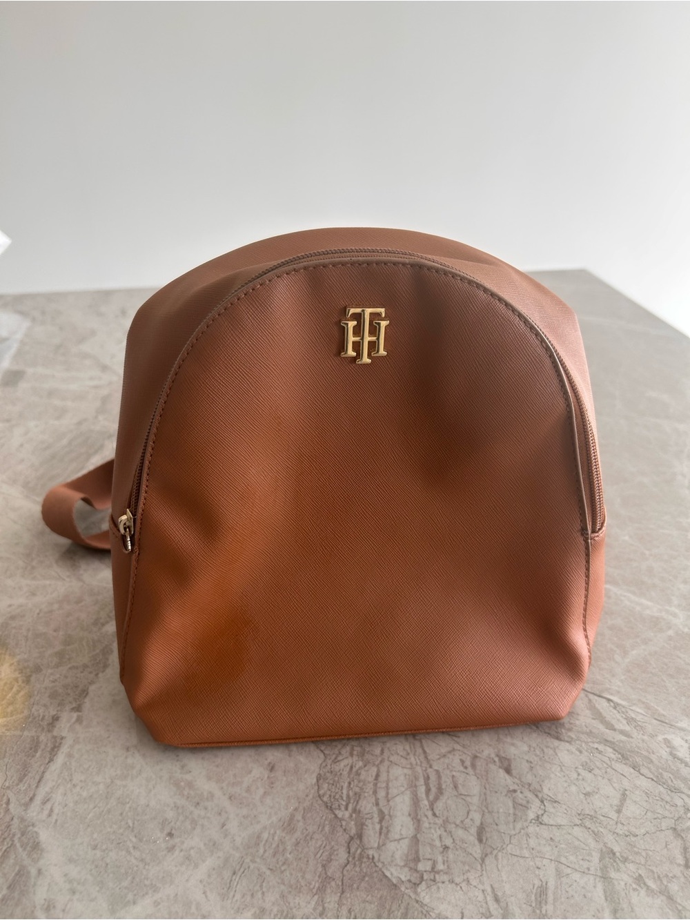 Tommy Hilfiger Cognac Leather Mini Backpack with Gold Logo